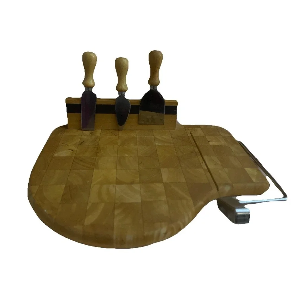 Vintage MCM Prodyne Magnetic Wood Cheese Board‎ - Wire Cutter & 3 Knife Set